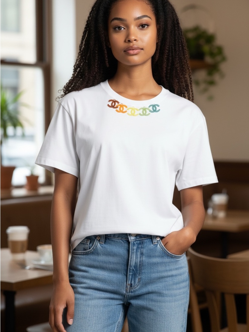 White Tee with Rainbow CC Neckline